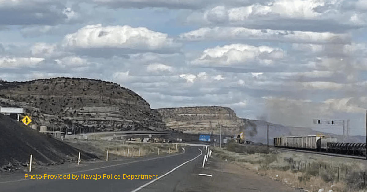 The eastbound lanes of Interstate 40 at Chambers, Arizona, remained closed Saturday evening after a train derailed and caught fire.